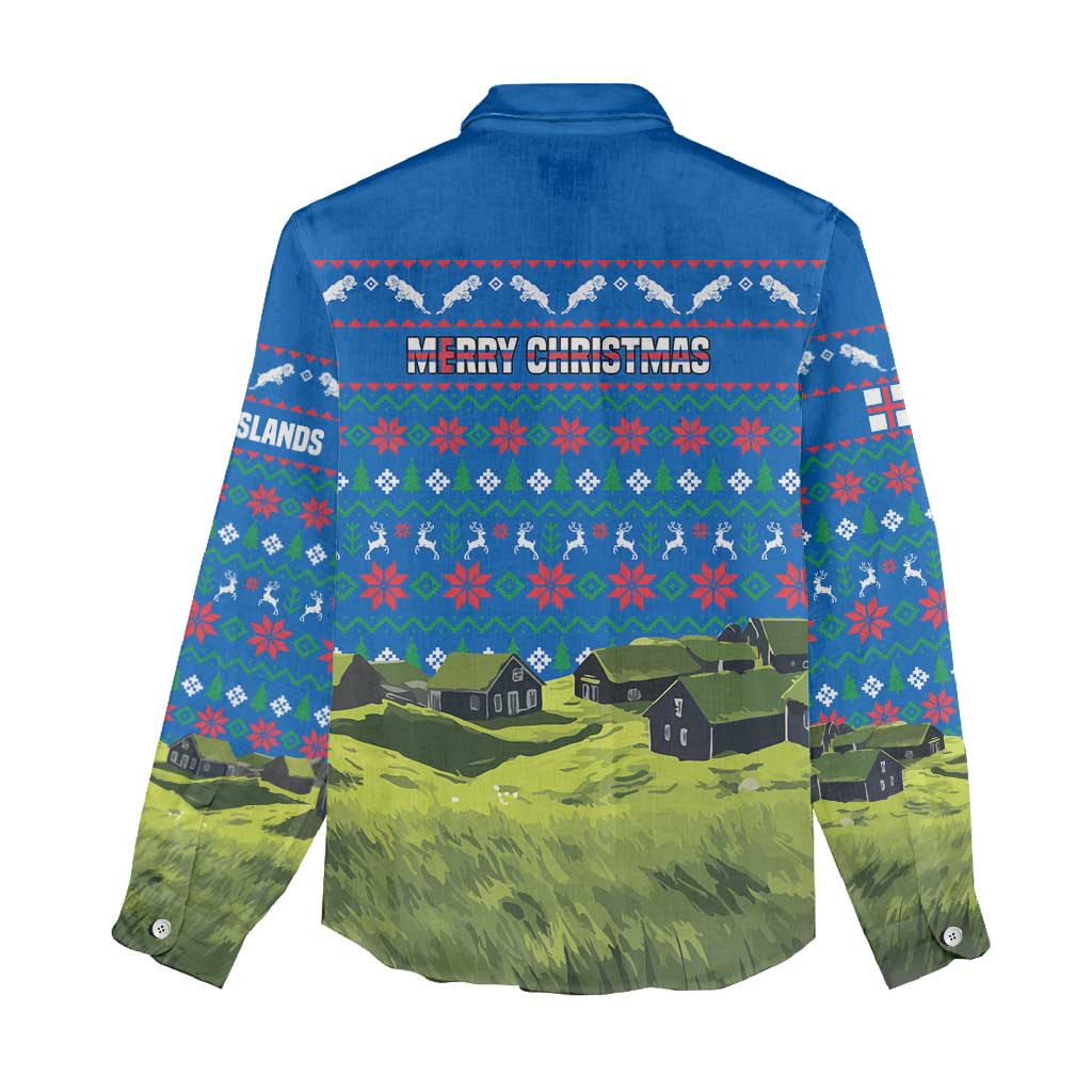 Faroe Islands Christmas Women Casual Shirt with Santa Riding Sheep Grass Roof Houses and Blue Nordic Pattern Design - Wonder Print Shop