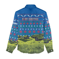 Faroe Islands Christmas Women Casual Shirt with Santa Riding Sheep Grass Roof Houses and Blue Nordic Pattern Design - Wonder Print Shop