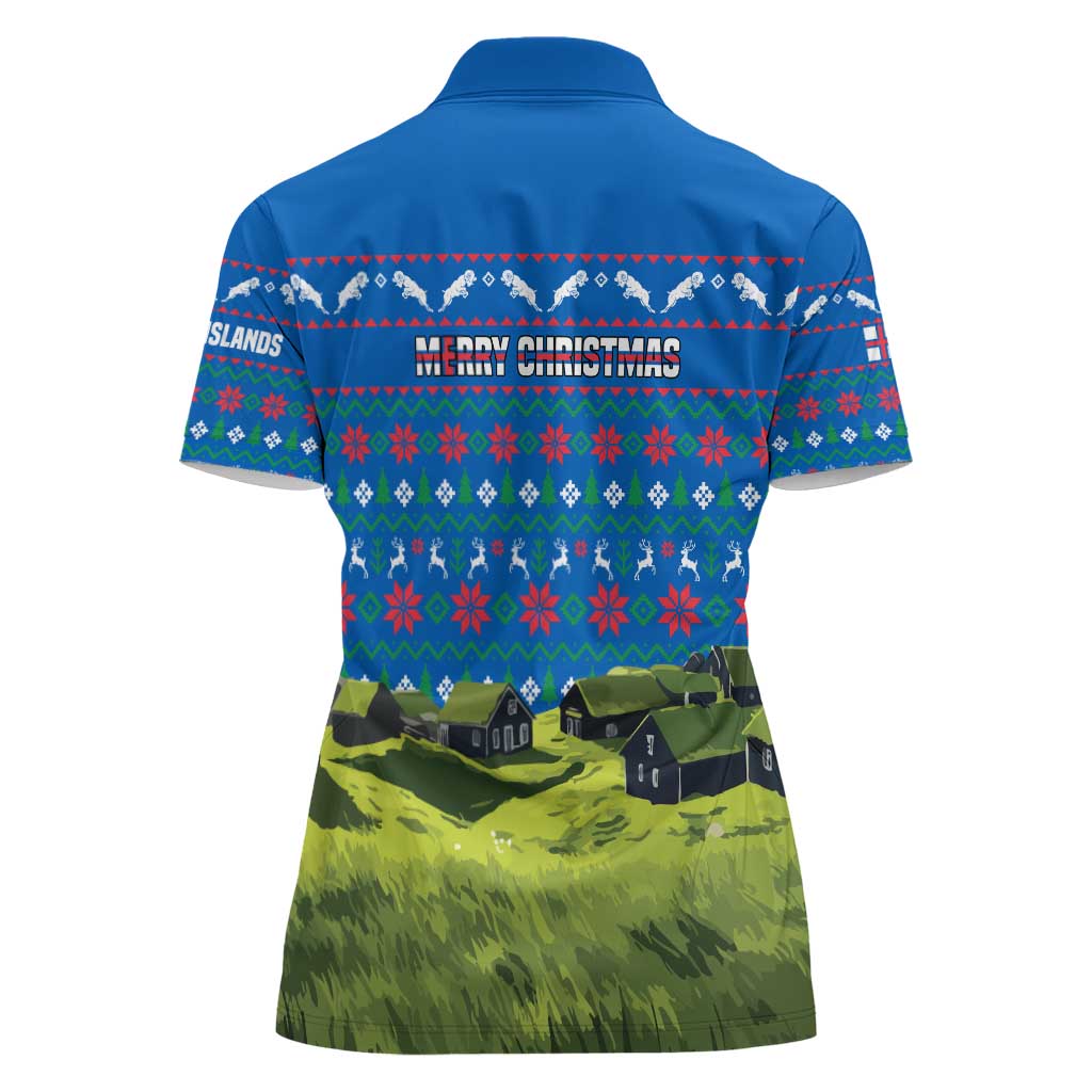 Faroe Islands Christmas Women Polo Shirt with Santa Riding Sheep Grass Roof Houses and Blue Nordic Pattern Design - Wonder Print Shop