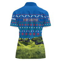 Faroe Islands Christmas Women Polo Shirt with Santa Riding Sheep Grass Roof Houses and Blue Nordic Pattern Design - Wonder Print Shop