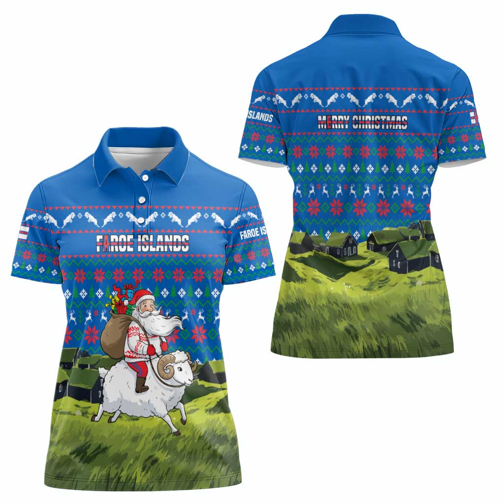 Faroe Islands Christmas Women Polo Shirt with Santa Riding Sheep Grass Roof Houses and Blue Nordic Pattern Design - Wonder Print Shop