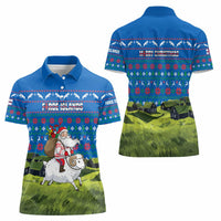 Faroe Islands Christmas Women Polo Shirt with Santa Riding Sheep Grass Roof Houses and Blue Nordic Pattern Design - Wonder Print Shop