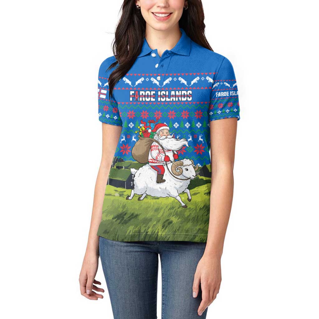 Faroe Islands Christmas Women Polo Shirt with Santa Riding Sheep Grass Roof Houses and Blue Nordic Pattern Design - Wonder Print Shop