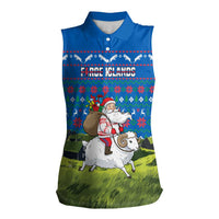 Faroe Islands Christmas Women Sleeveless Polo Shirt with Santa Riding Sheep Grass Roof Houses and Blue Nordic Pattern Design - Wonder Print Shop