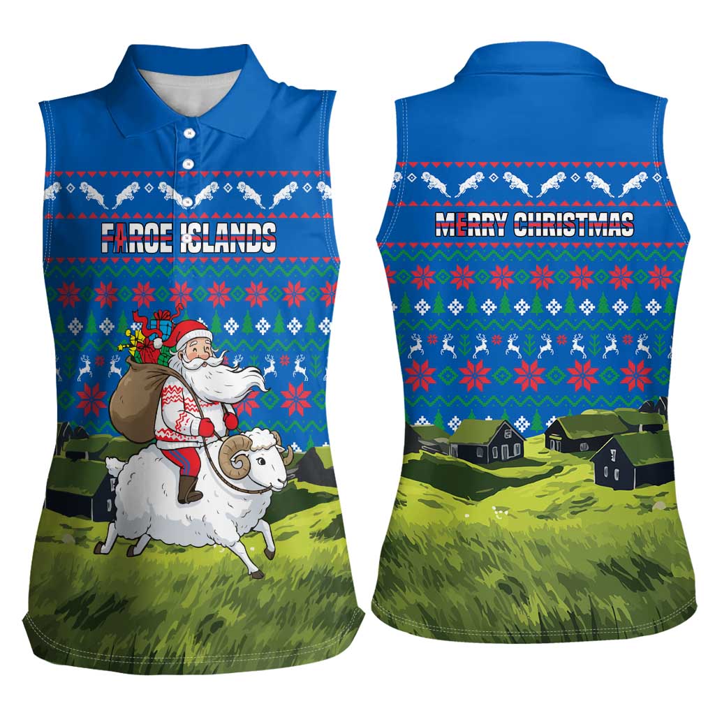 Faroe Islands Christmas Women Sleeveless Polo Shirt with Santa Riding Sheep Grass Roof Houses and Blue Nordic Pattern Design - Wonder Print Shop