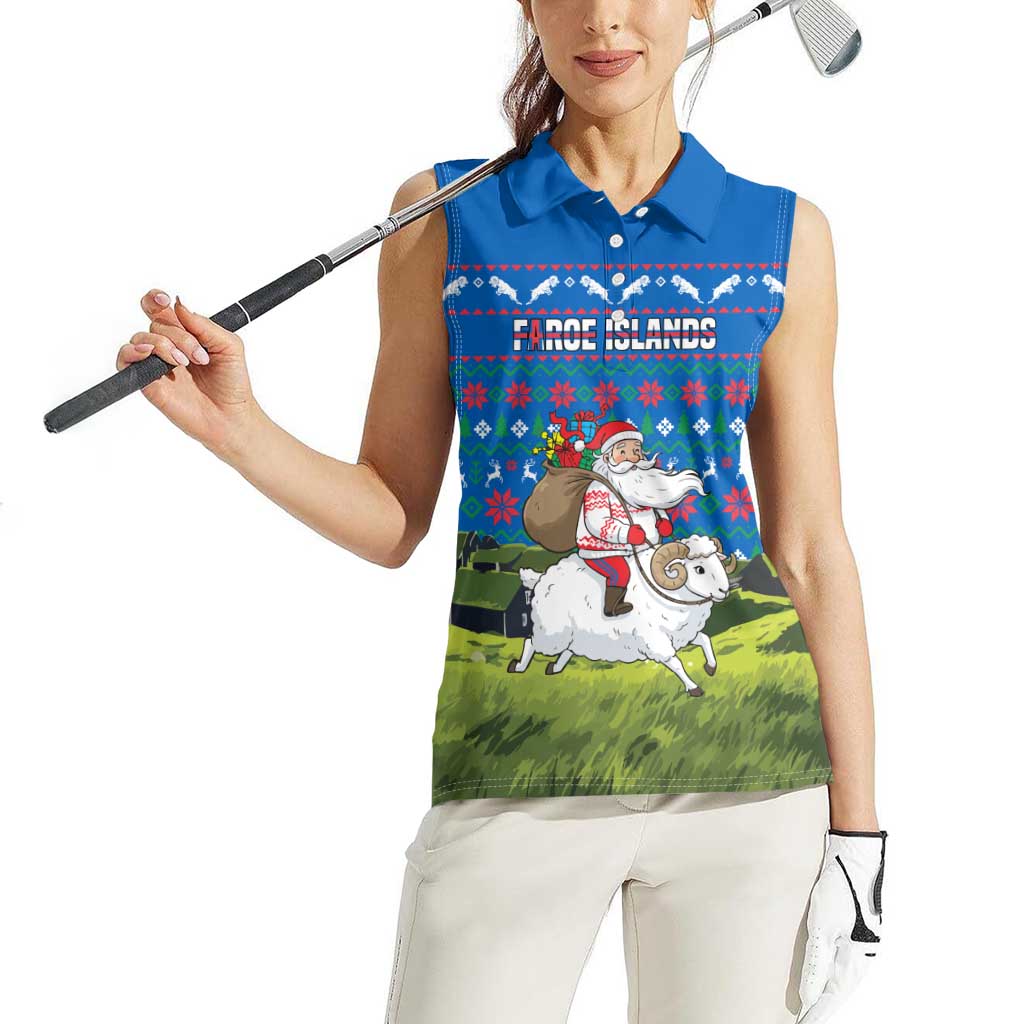 Faroe Islands Christmas Women Sleeveless Polo Shirt with Santa Riding Sheep Grass Roof Houses and Blue Nordic Pattern Design - Wonder Print Shop