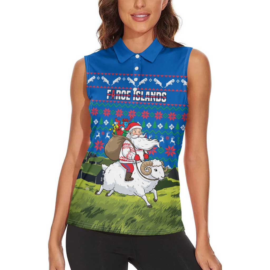 Faroe Islands Christmas Women Sleeveless Polo Shirt with Santa Riding Sheep Grass Roof Houses and Blue Nordic Pattern Design - Wonder Print Shop