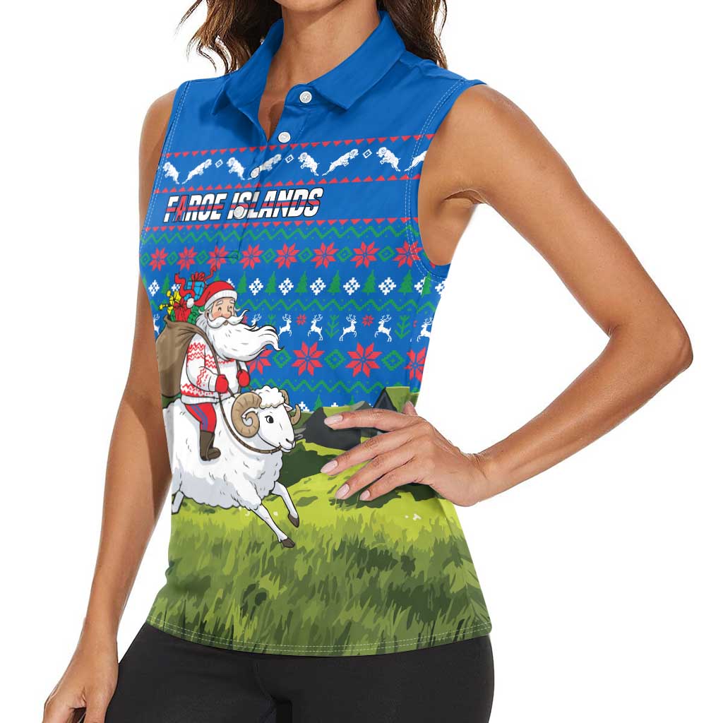 Faroe Islands Christmas Women Sleeveless Polo Shirt with Santa Riding Sheep Grass Roof Houses and Blue Nordic Pattern Design - Wonder Print Shop