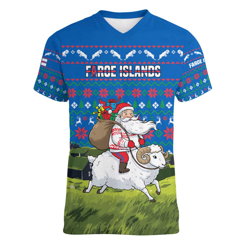 Faroe Islands Christmas Women V-Neck T-Shirt with Santa Riding Sheep Grass Roof Houses and Blue Nordic Pattern Design - Wonder Print Shop