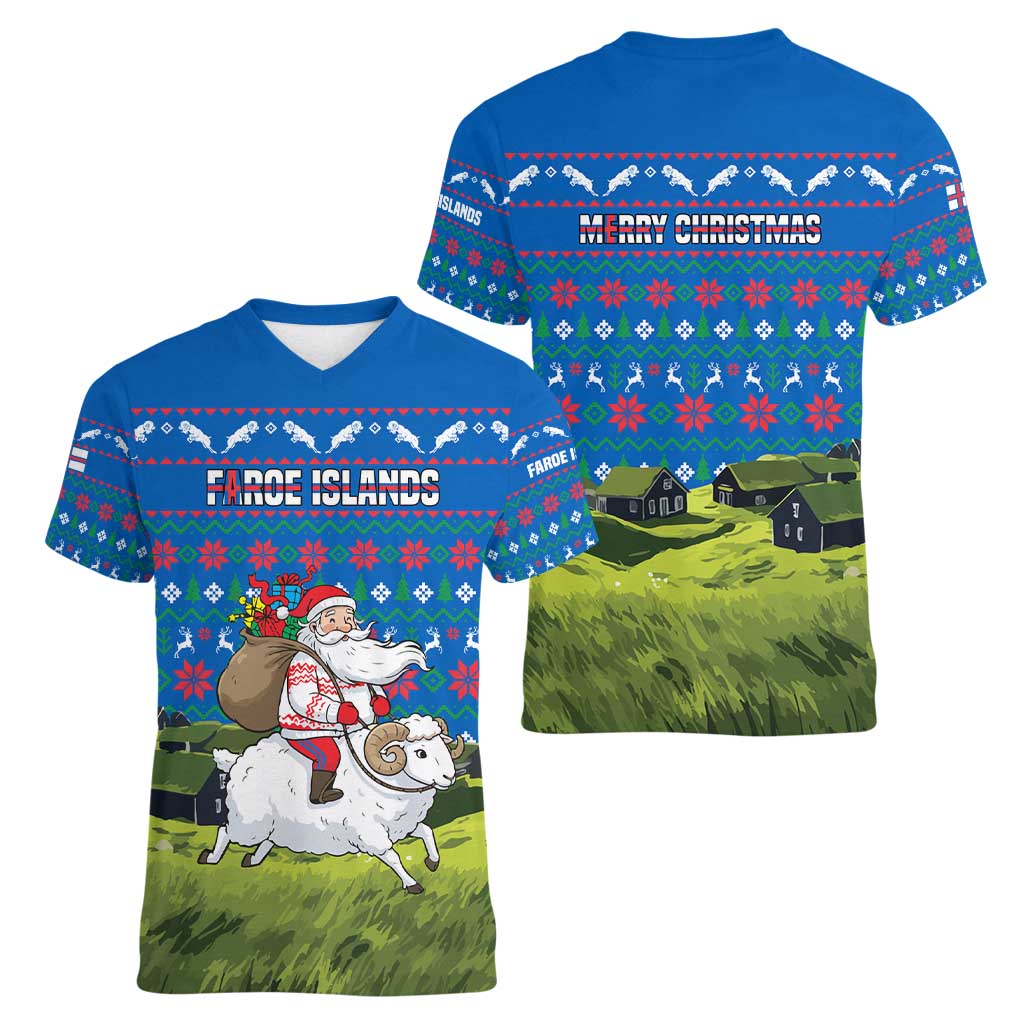 Faroe Islands Christmas Women V-Neck T-Shirt with Santa Riding Sheep Grass Roof Houses and Blue Nordic Pattern Design - Wonder Print Shop