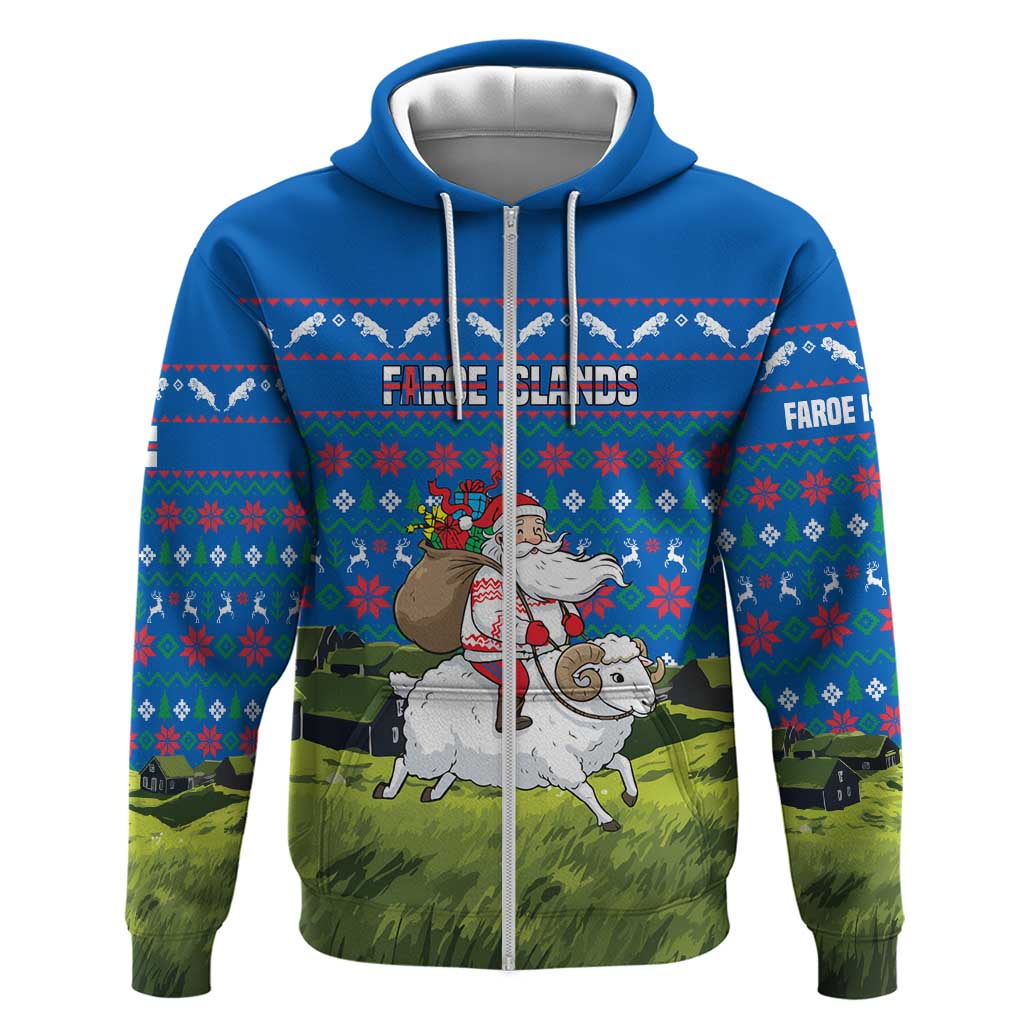 Faroe Islands Christmas Zip Hoodie with Santa Riding Sheep Grass Roof Houses and Blue Nordic Pattern Design - Wonder Print Shop
