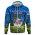 Faroe Islands Christmas Zip Hoodie with Santa Riding Sheep Grass Roof Houses and Blue Nordic Pattern Design - Wonder Print Shop