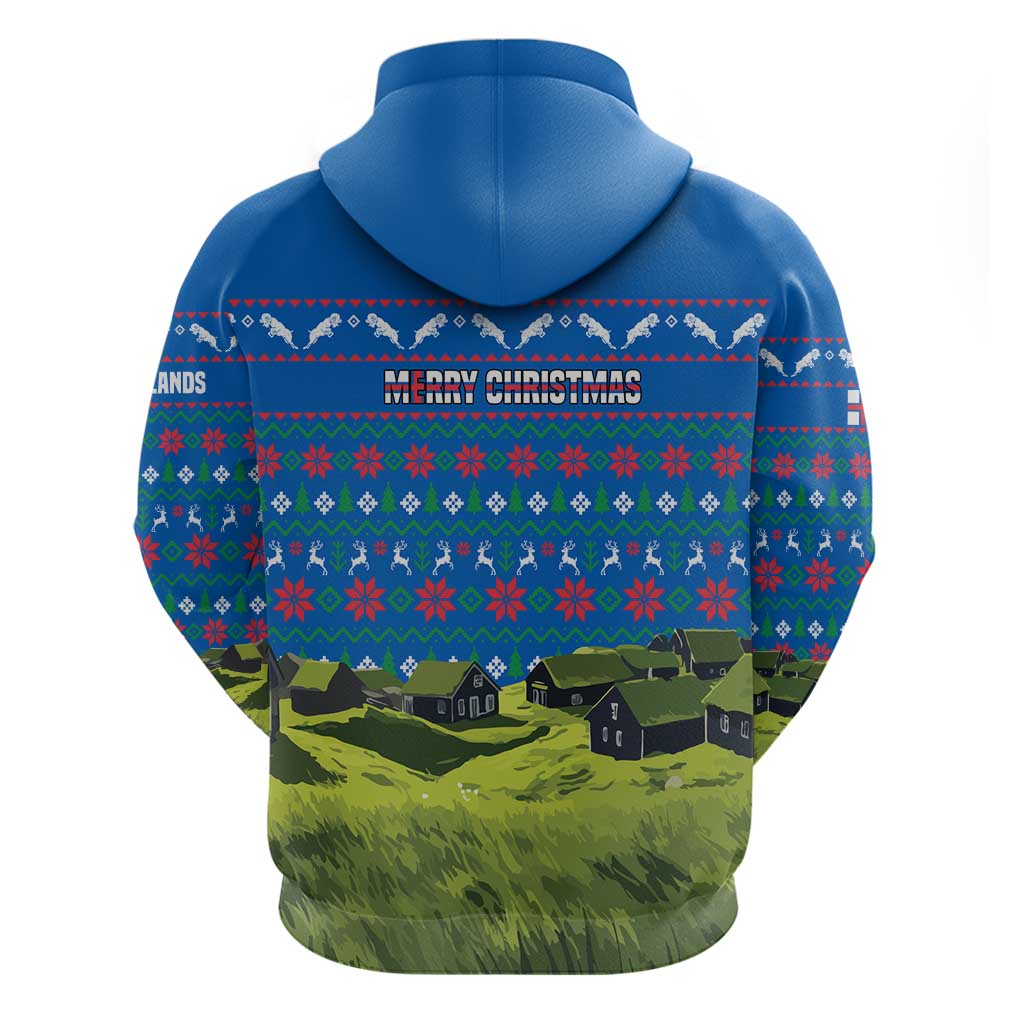 Faroe Islands Christmas Zip Hoodie with Santa Riding Sheep Grass Roof Houses and Blue Nordic Pattern Design - Wonder Print Shop