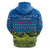 Faroe Islands Christmas Zip Hoodie with Santa Riding Sheep Grass Roof Houses and Blue Nordic Pattern Design - Wonder Print Shop