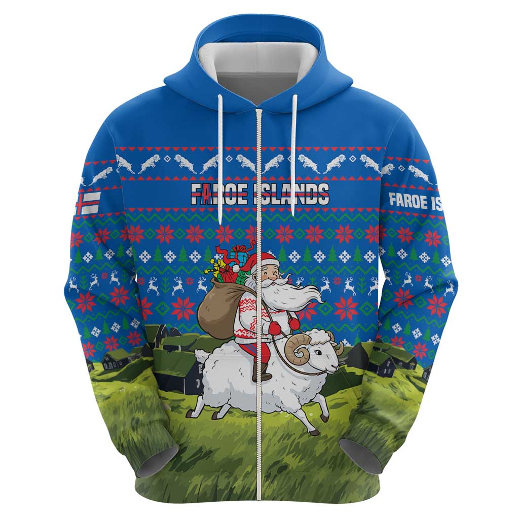 Faroe Islands Christmas Zip Hoodie with Santa Riding Sheep Grass Roof Houses and Blue Nordic Pattern Design - Wonder Print Shop