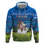 Faroe Islands Christmas Zip Hoodie with Santa Riding Sheep Grass Roof Houses and Blue Nordic Pattern Design - Wonder Print Shop