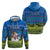 Faroe Islands Christmas Zip Hoodie with Santa Riding Sheep Grass Roof Houses and Blue Nordic Pattern Design - Wonder Print Shop