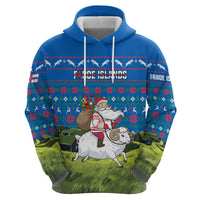 Faroe Islands Christmas Zip Hoodie with Santa Riding Sheep Grass Roof Houses and Blue Nordic Pattern Design - Wonder Print Shop