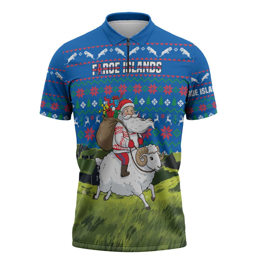Faroe Islands Christmas Zipper Polo Shirt with Santa Riding Sheep Grass Roof Houses and Blue Nordic Pattern Design - Wonder Print Shop