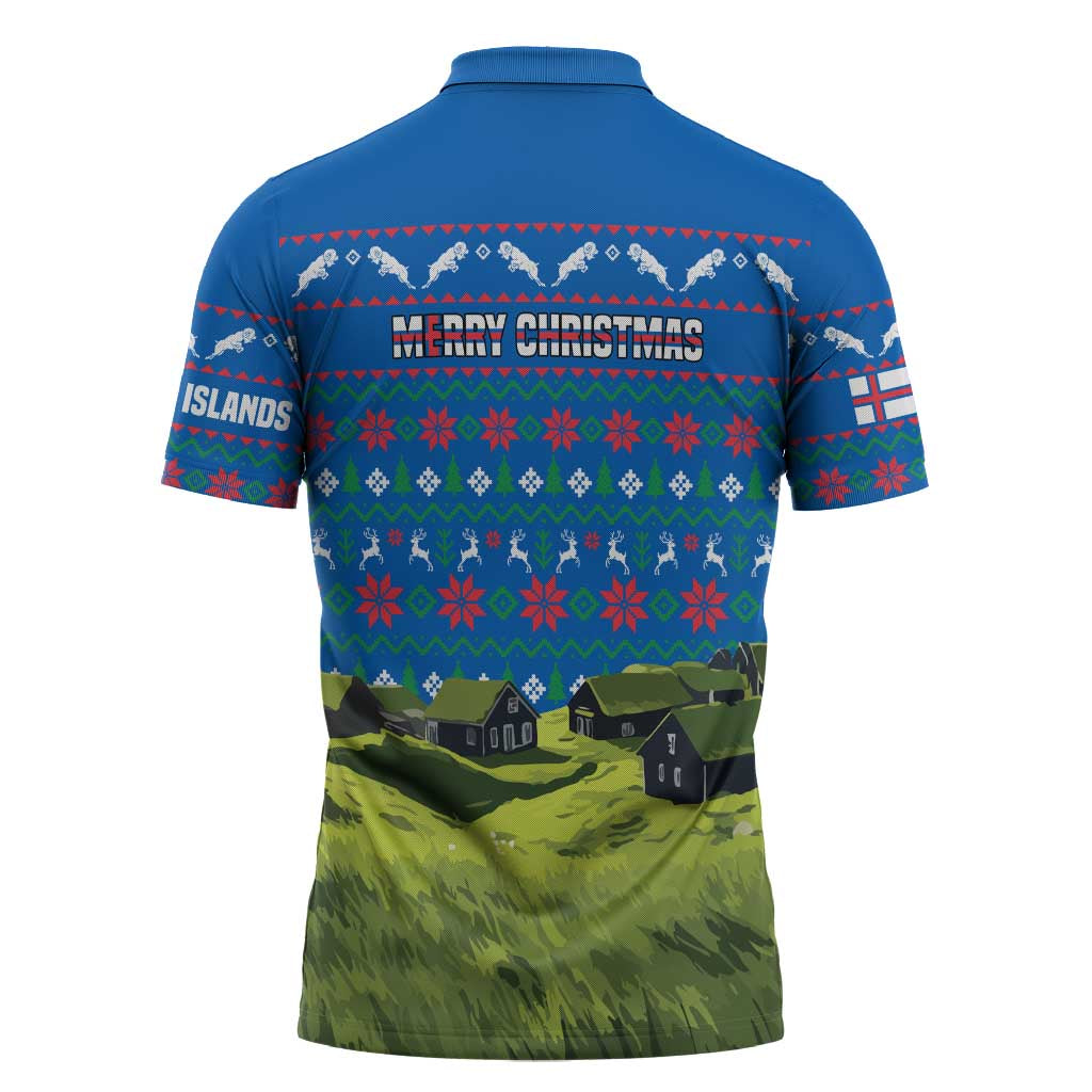 Faroe Islands Christmas Zipper Polo Shirt with Santa Riding Sheep Grass Roof Houses and Blue Nordic Pattern Design - Wonder Print Shop