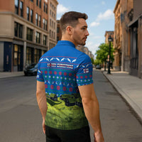 Faroe Islands Christmas Zipper Polo Shirt with Santa Riding Sheep Grass Roof Houses and Blue Nordic Pattern Design - Wonder Print Shop