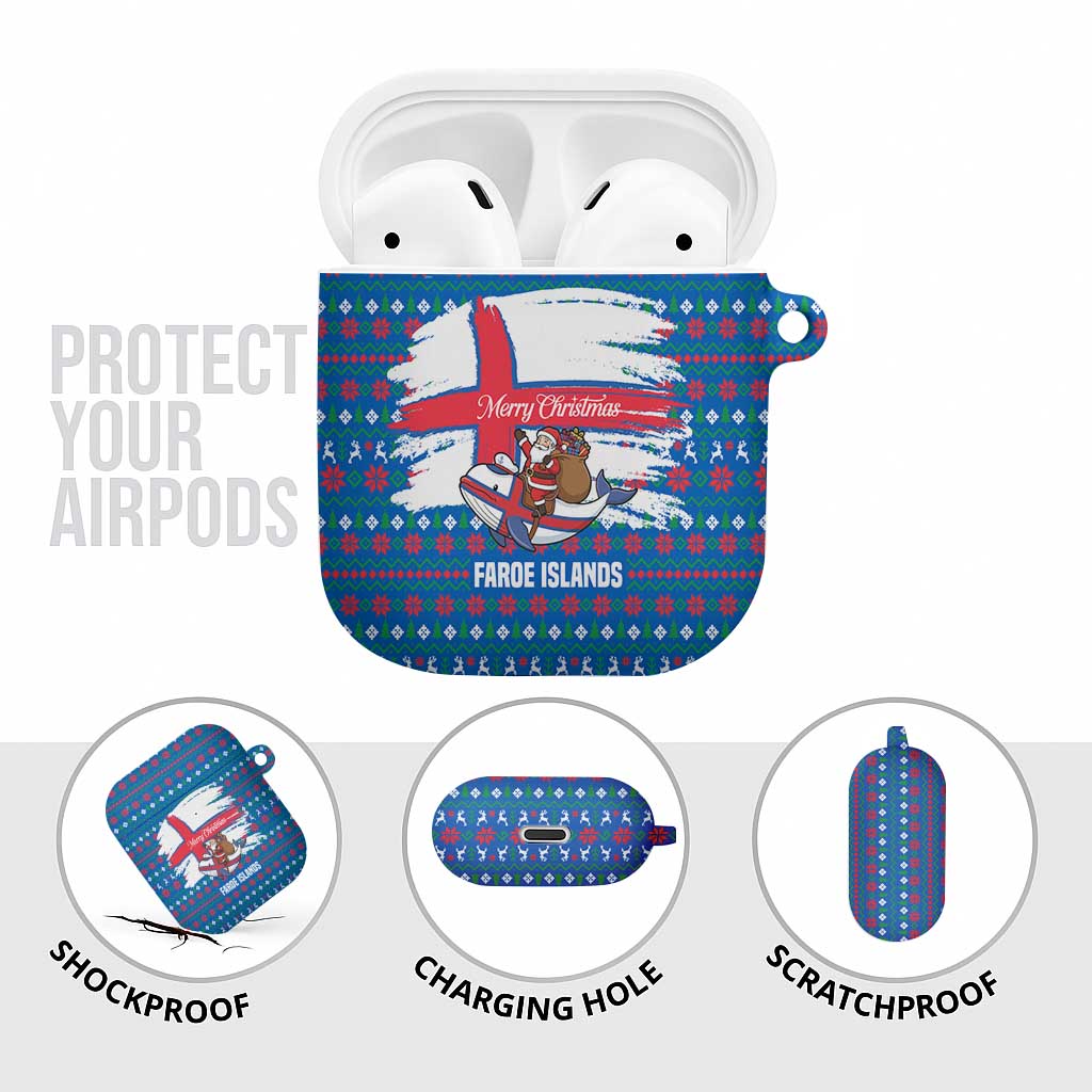 Faroe Islands Christmas AirPods Case with Santa Riding Whale Faroe Flag and Blue Nordic Winter Pattern Design - Wonder Print Shop