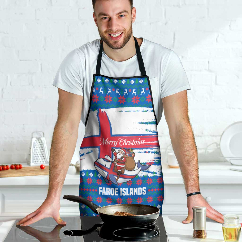 Faroe Islands Christmas Apron with Santa Riding Whale Faroe Flag and Blue Nordic Winter Pattern Design - Wonder Print Shop