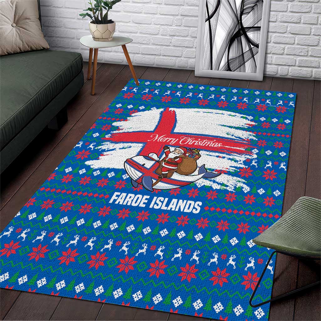 Faroe Islands Christmas Area Rug with Santa Riding Whale Faroe Flag and Blue Nordic Winter Pattern Design - Wonder Print Shop