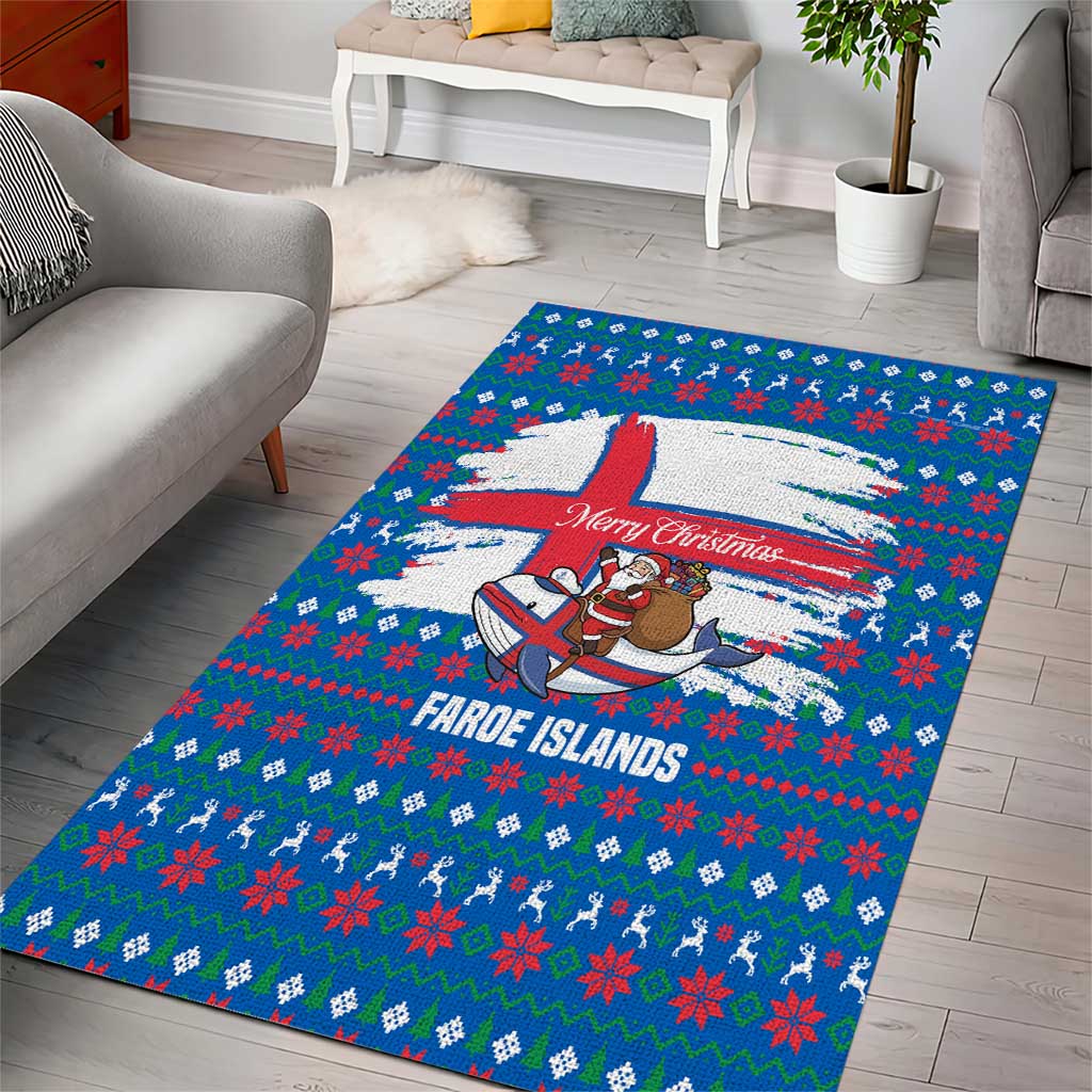 Faroe Islands Christmas Area Rug with Santa Riding Whale Faroe Flag and Blue Nordic Winter Pattern Design - Wonder Print Shop