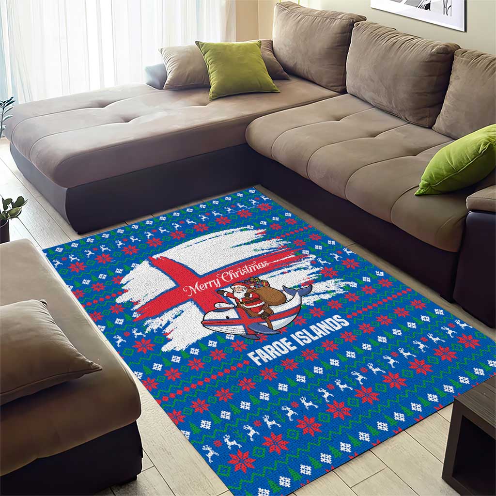 Faroe Islands Christmas Area Rug with Santa Riding Whale Faroe Flag and Blue Nordic Winter Pattern Design - Wonder Print Shop