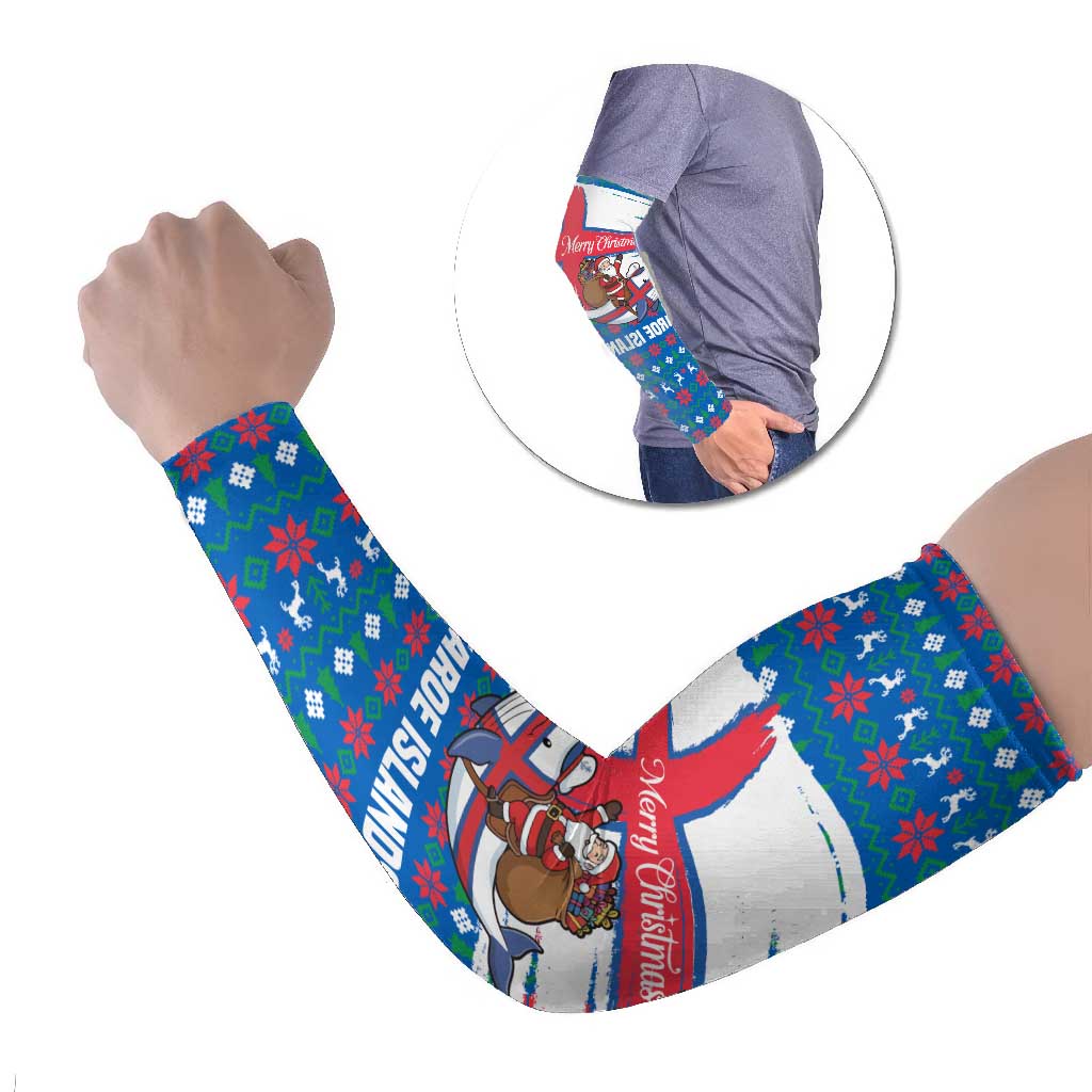 Faroe Islands Christmas Arm Sleeves with Santa Riding Whale Faroe Flag and Blue Nordic Winter Pattern Design - Wonder Print Shop