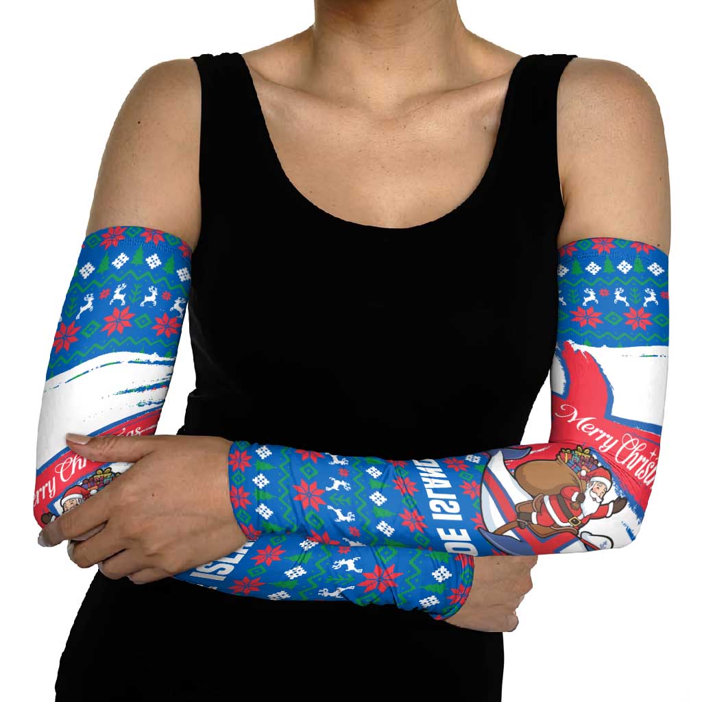 Faroe Islands Christmas Arm Sleeves with Santa Riding Whale Faroe Flag and Blue Nordic Winter Pattern Design - Wonder Print Shop