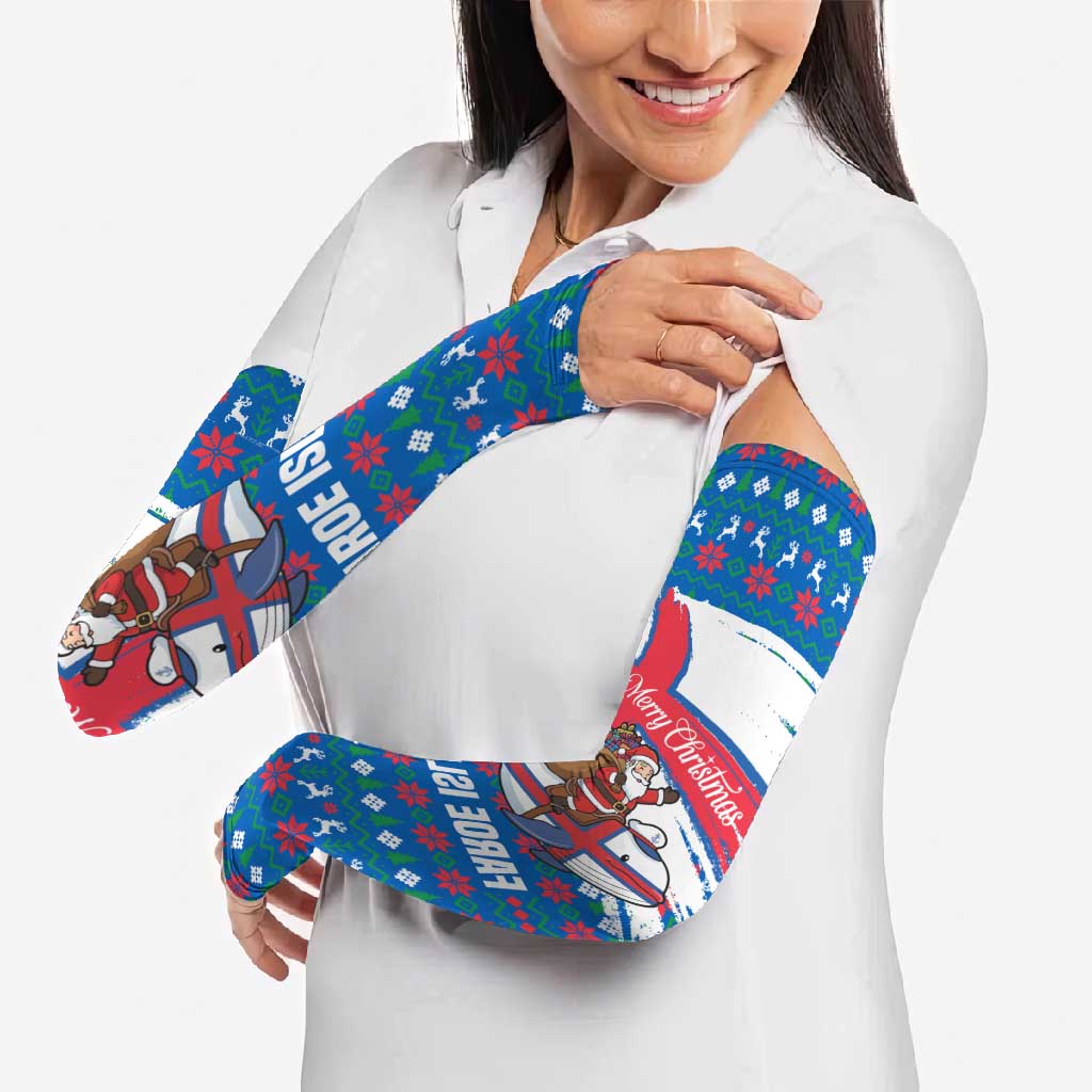 Faroe Islands Christmas Arm Sleeves with Santa Riding Whale Faroe Flag and Blue Nordic Winter Pattern Design - Wonder Print Shop