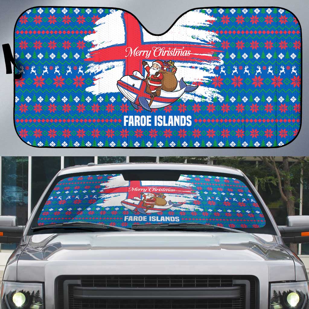 Faroe Islands Christmas Auto Sun Shade with Santa Riding Whale Faroe Flag and Blue Nordic Winter Pattern Design - Wonder Print Shop