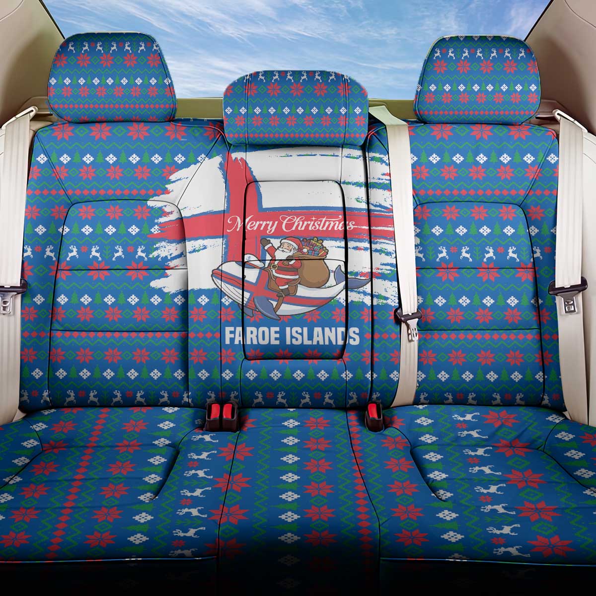 Faroe Islands Christmas Back Car Seat Cover with Santa Riding Whale Faroe Flag and Blue Nordic Winter Pattern Design - Wonder Print Shop