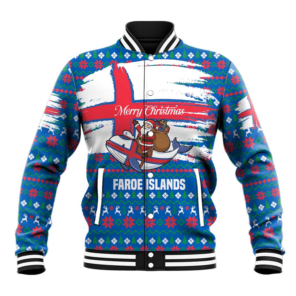 Faroe Islands Christmas Baseball Jacket with Santa Riding Whale Faroe Flag and Blue Nordic Winter Pattern Design - Wonder Print Shop