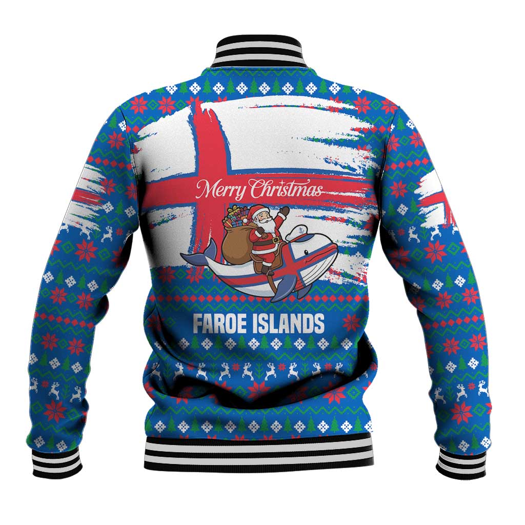 Faroe Islands Christmas Baseball Jacket with Santa Riding Whale Faroe Flag and Blue Nordic Winter Pattern Design - Wonder Print Shop
