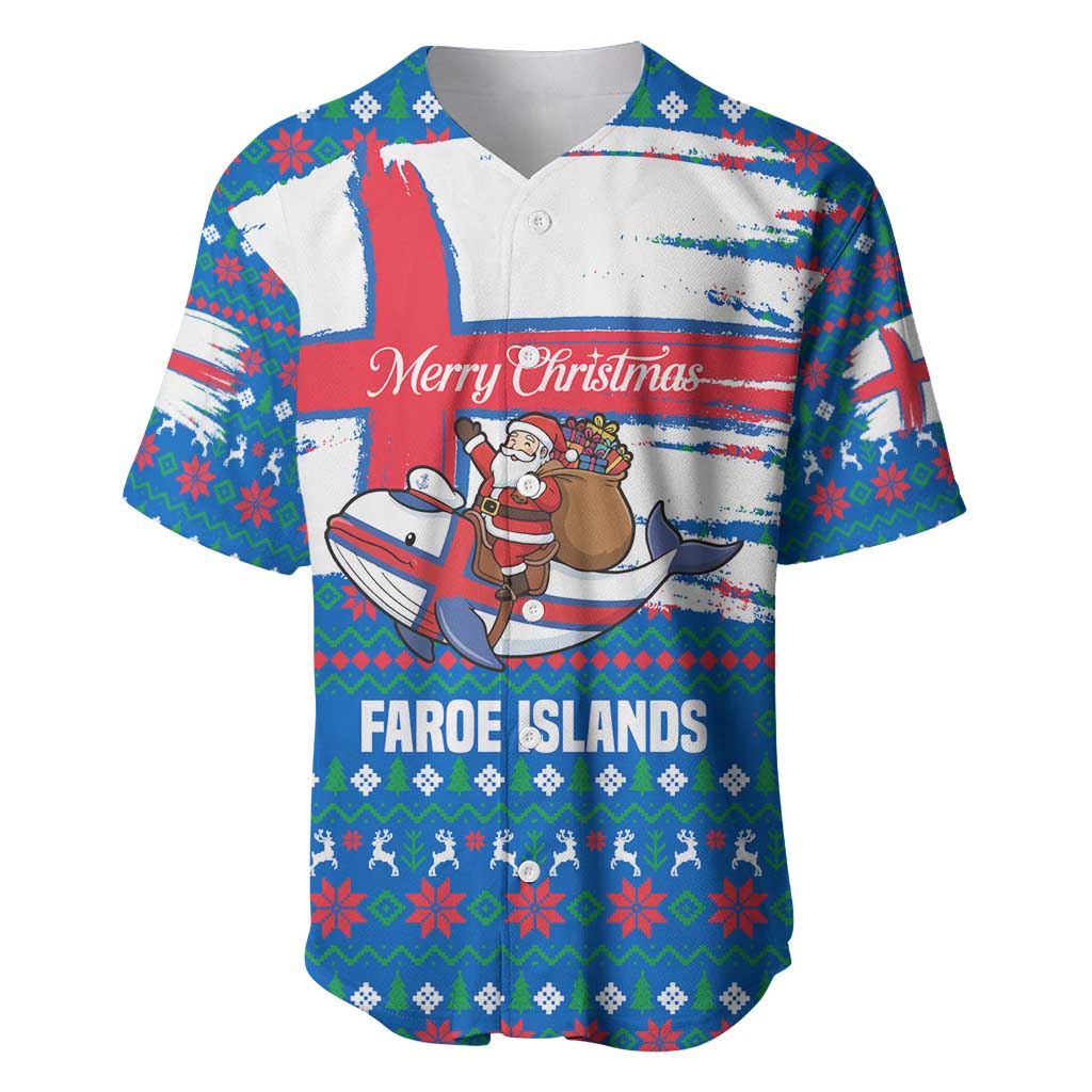 Faroe Islands Christmas Baseball Jersey with Santa Riding Whale Faroe Flag and Blue Nordic Winter Pattern Design - Wonder Print Shop