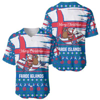 Faroe Islands Christmas Baseball Jersey with Santa Riding Whale Faroe Flag and Blue Nordic Winter Pattern Design - Wonder Print Shop