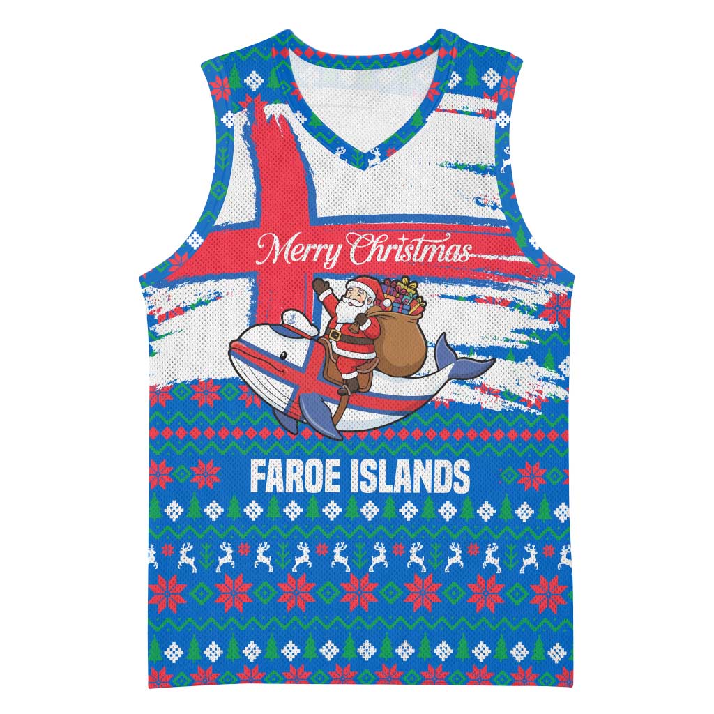 Faroe Islands Christmas Basketball Jersey with Santa Riding Whale Faroe Flag and Blue Nordic Winter Pattern Design - Wonder Print Shop