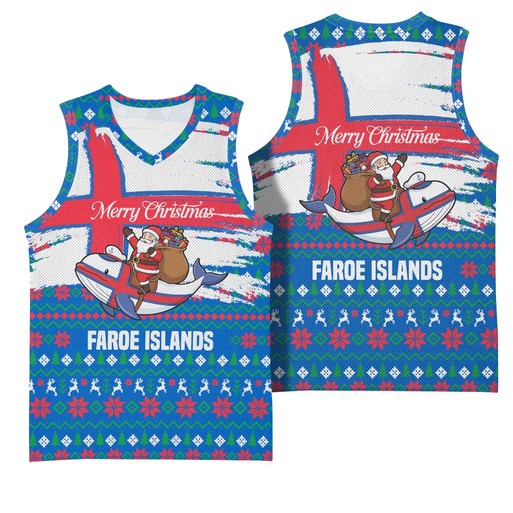 Faroe Islands Christmas Basketball Jersey with Santa Riding Whale Faroe Flag and Blue Nordic Winter Pattern Design - Wonder Print Shop