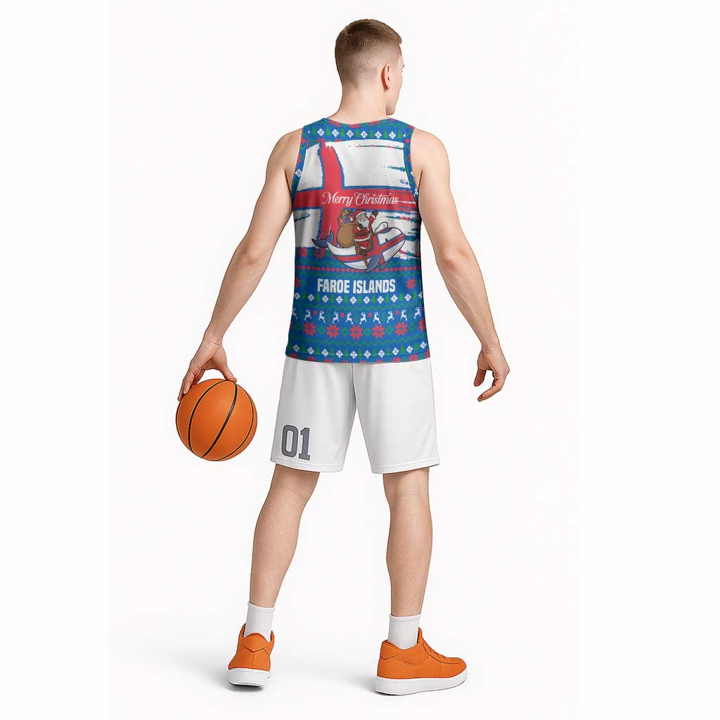 Faroe Islands Christmas Basketball Jersey with Santa Riding Whale Faroe Flag and Blue Nordic Winter Pattern Design - Wonder Print Shop