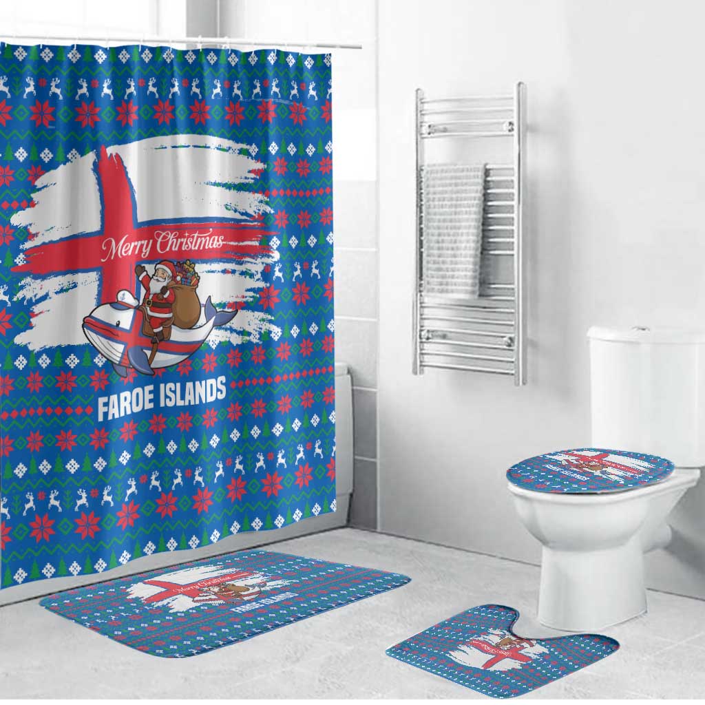 Faroe Islands Christmas Bathroom Set with Santa Riding Whale Faroe Flag and Blue Nordic Winter Pattern Design - Wonder Print Shop