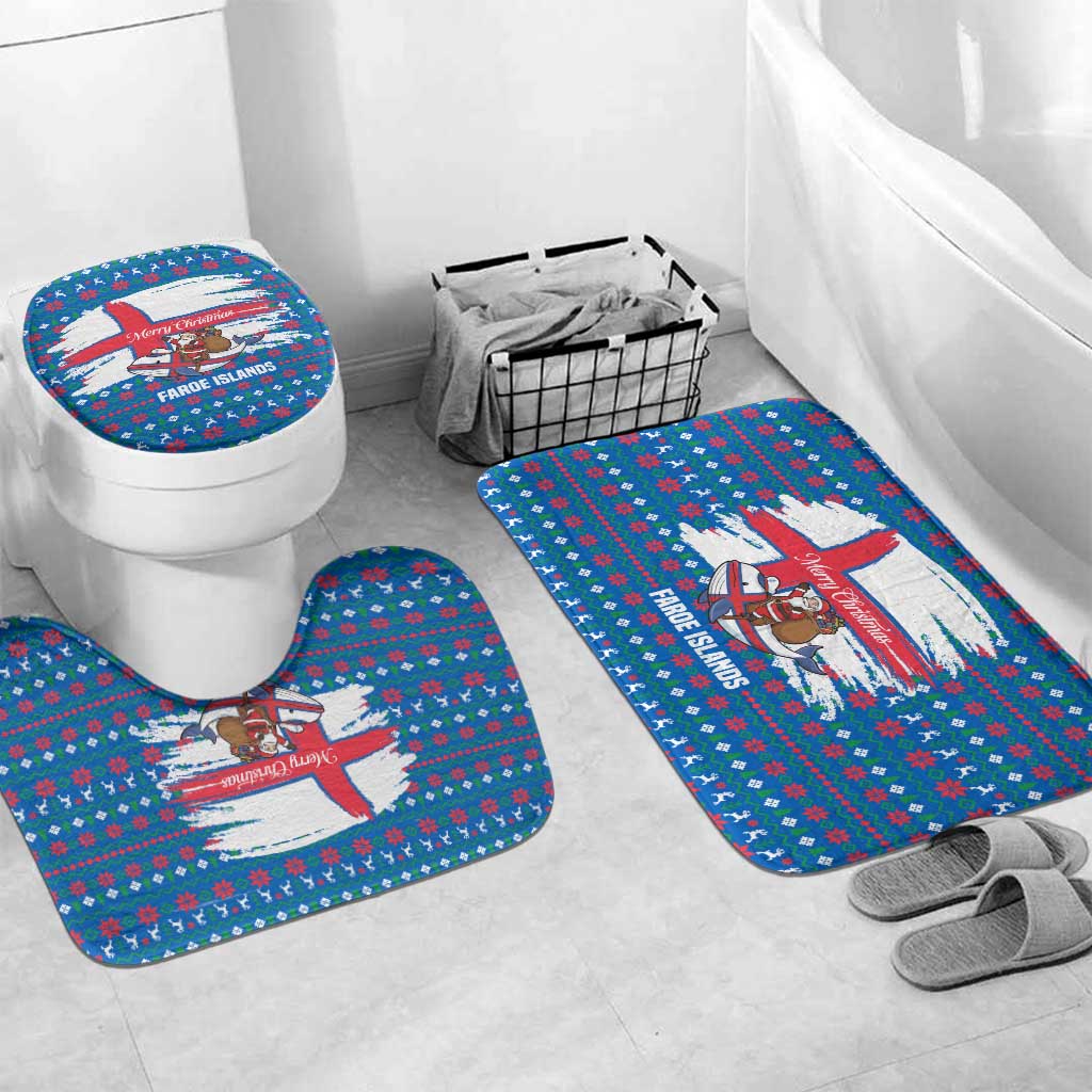 Faroe Islands Christmas Bathroom Set with Santa Riding Whale Faroe Flag and Blue Nordic Winter Pattern Design - Wonder Print Shop