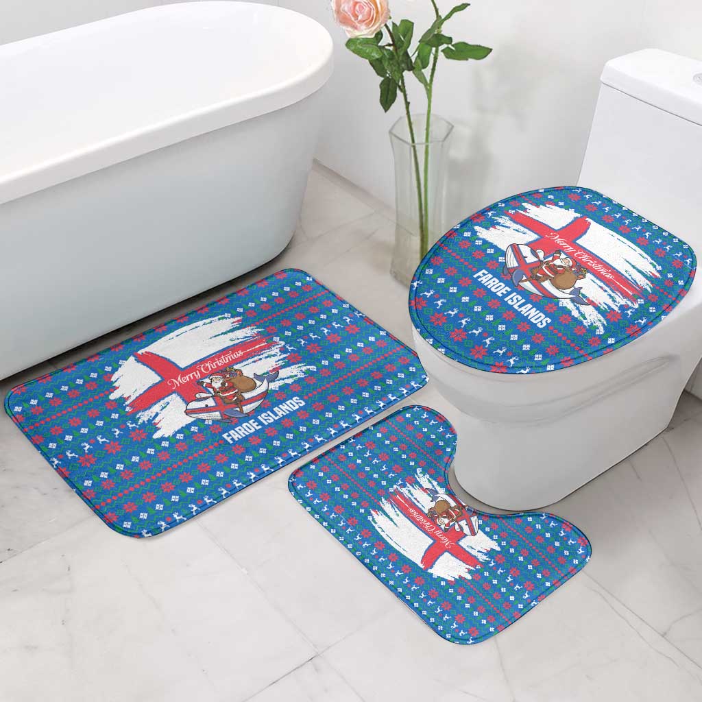 Faroe Islands Christmas Bathroom Set with Santa Riding Whale Faroe Flag and Blue Nordic Winter Pattern Design - Wonder Print Shop