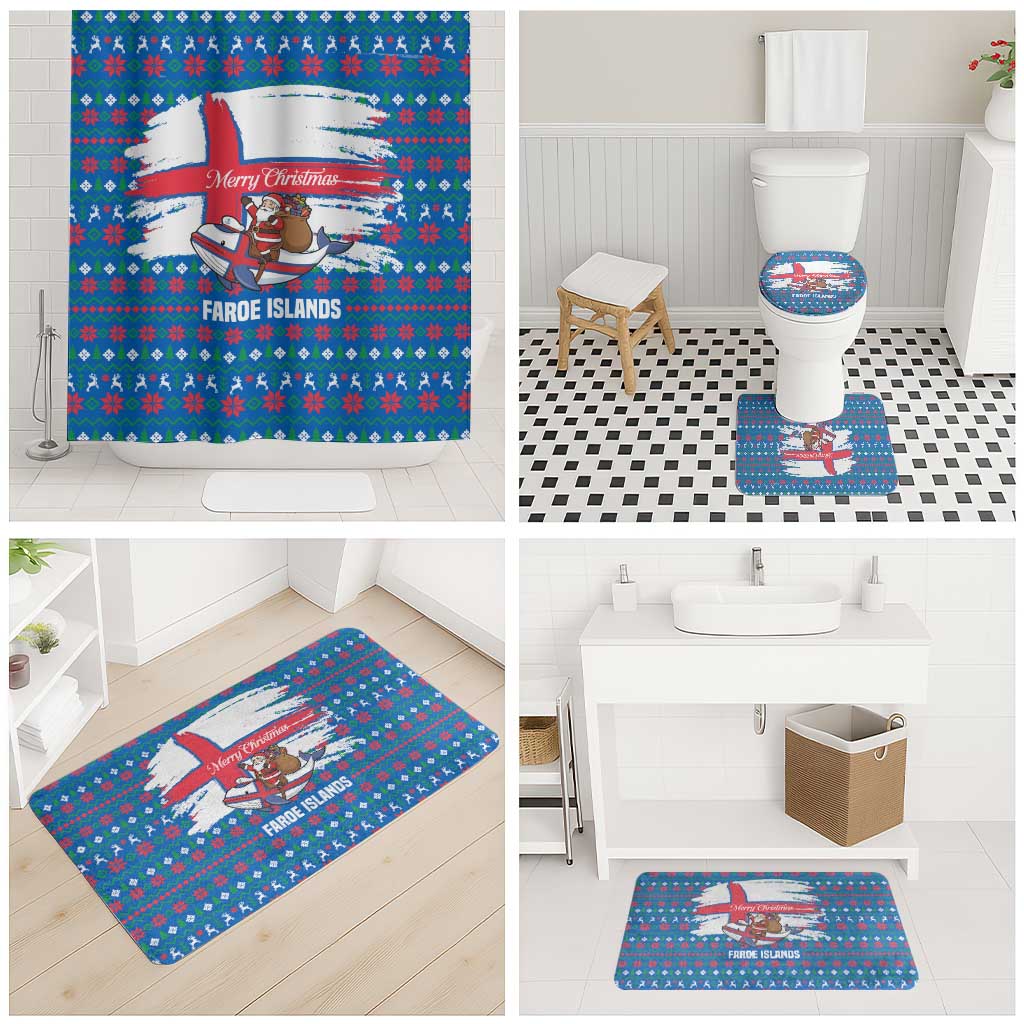 Faroe Islands Christmas Bathroom Set with Santa Riding Whale Faroe Flag and Blue Nordic Winter Pattern Design - Wonder Print Shop
