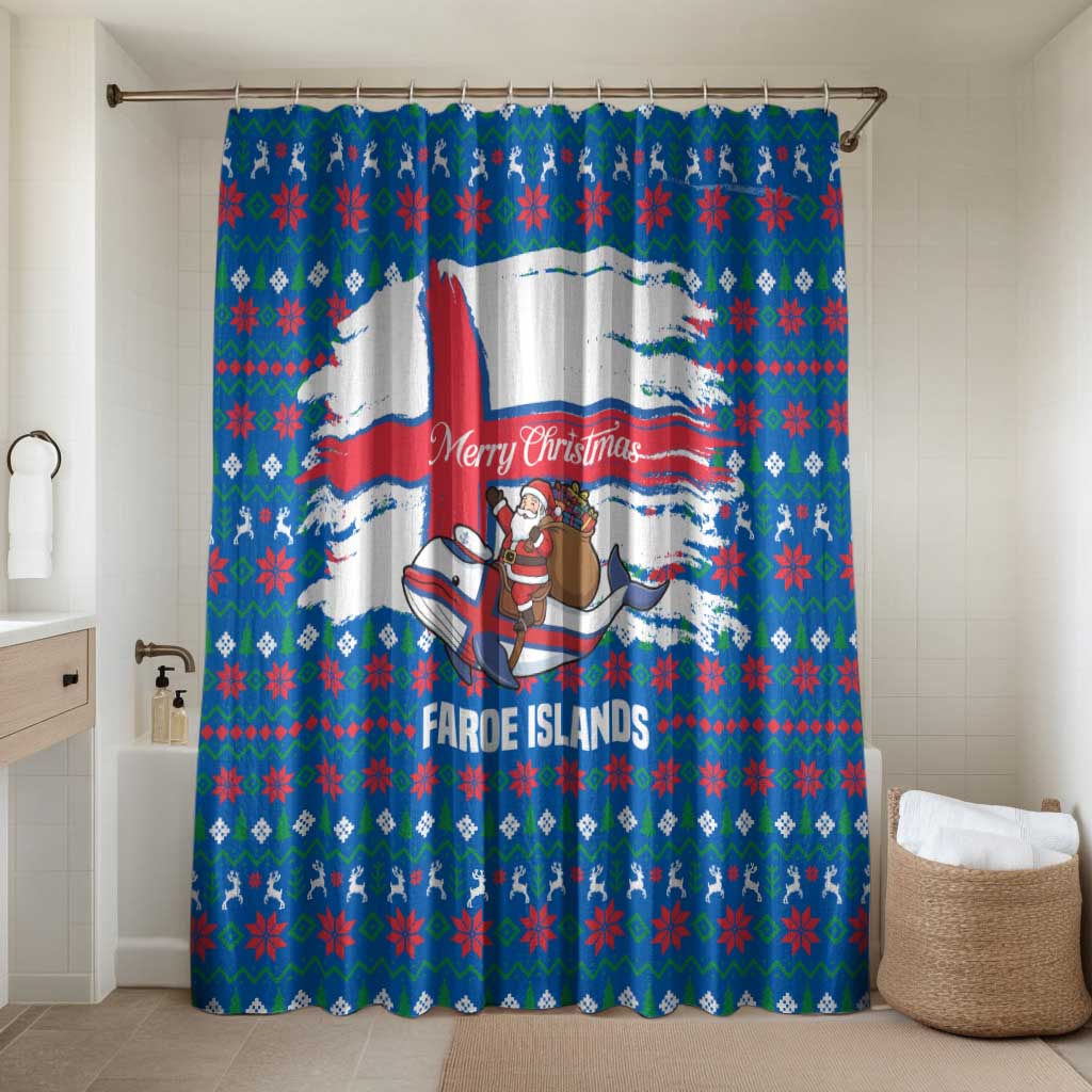 Faroe Islands Christmas Bathroom Set with Santa Riding Whale Faroe Flag and Blue Nordic Winter Pattern Design - Wonder Print Shop