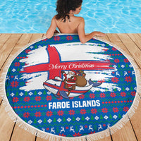 Faroe Islands Christmas Beach Blanket with Santa Riding Whale Faroe Flag and Blue Nordic Winter Pattern Design - Wonder Print Shop