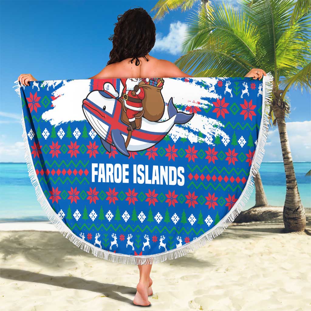 Faroe Islands Christmas Beach Blanket with Santa Riding Whale Faroe Flag and Blue Nordic Winter Pattern Design - Wonder Print Shop