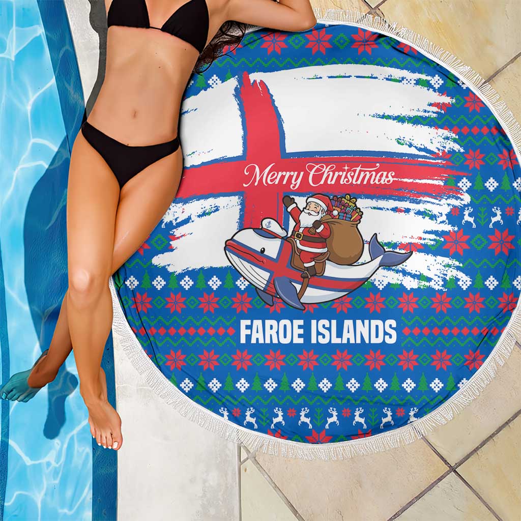 Faroe Islands Christmas Beach Blanket with Santa Riding Whale Faroe Flag and Blue Nordic Winter Pattern Design - Wonder Print Shop
